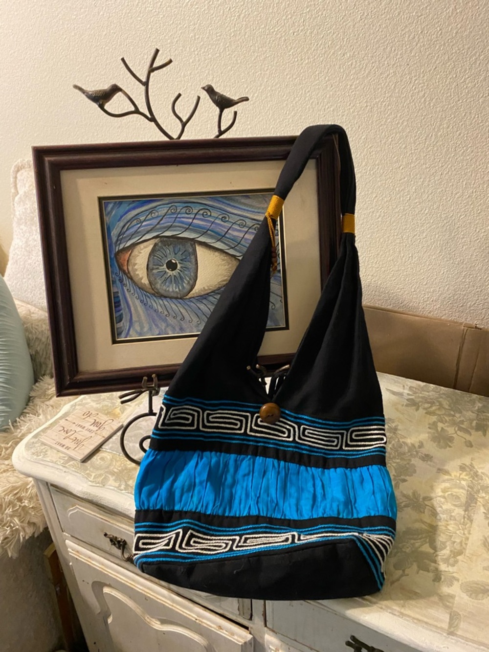 Black and Teal Boho Shoulder Bag with Decorative Trim - Picture 5 of 9